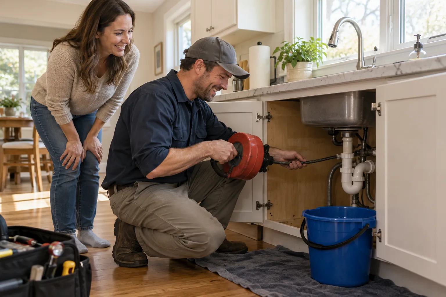 Friendly local drain cleaning provider checking a kitchen sink pipe for a homeowner in the Lovejoy area