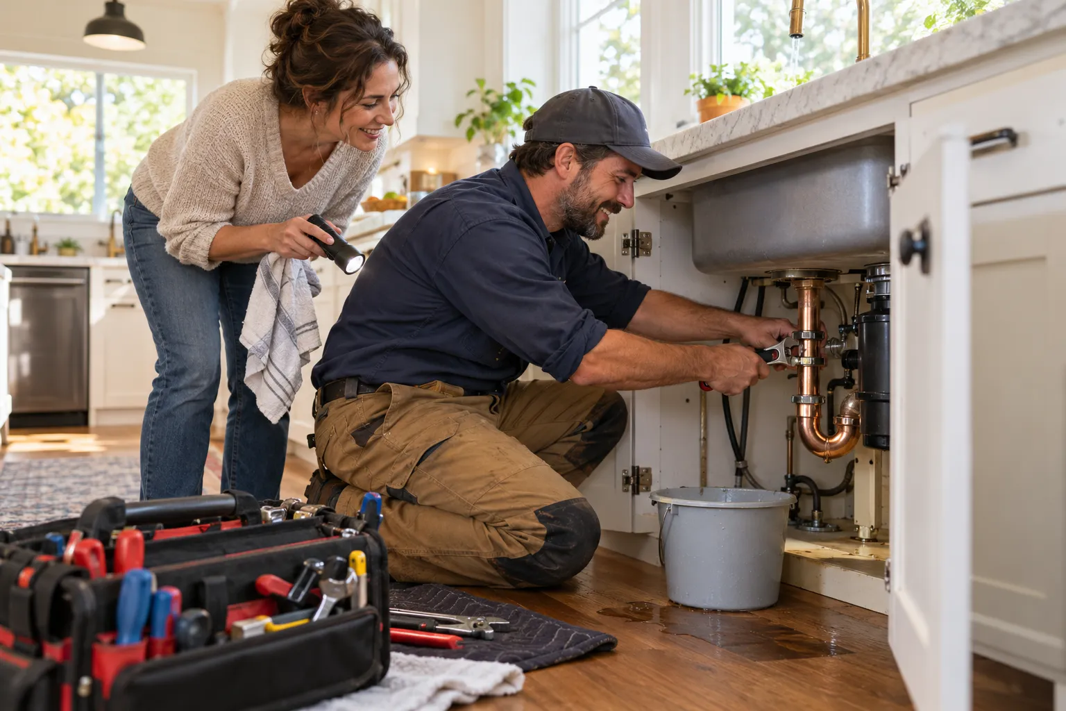 Independent plumbing provider repairing a leaking pipe under a kitchen sink for a homeowner in Lovejoy